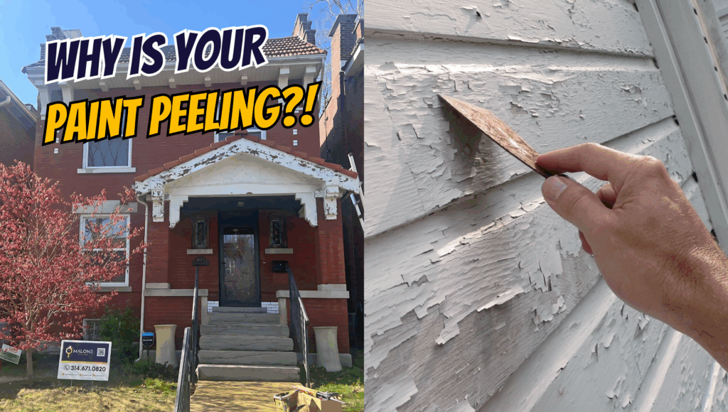A split image showing a brick house on the left with the text "WHY IS YOUR PAINT PEELING?!" above it. The right side of the image is a close-up of a person's hand using a tool to scrape off peeling white paint from a house's siding