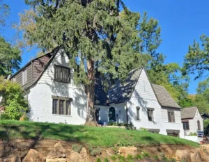 A Tudor-style house with a white exterior and a gray roof. The house is surrounded by trees and a large tree is growing next to the house. The sky is a clear blue.