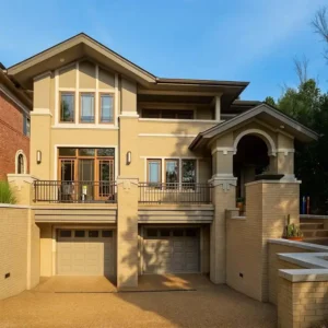 A multi-level, modern house with a beige exterior and light-colored brick siding on the lower level. The house has a two-car garage, a balcony with a black railing on the second floor, and large windows. The sky is clear and blue.