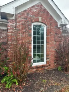 An outdoor, close-up shot of the lower portion of a red brick house. A tall, arched window with white muntins is the central focus. The top of the arch is accented with a lighter keystone brick. Two small, leafless or dormant shrubs flank the window. The ground in the foreground is a mixture of dirt and mulch with some scattered leaves. The sky is gray and overcast, and the roofline is visible at the top of the image