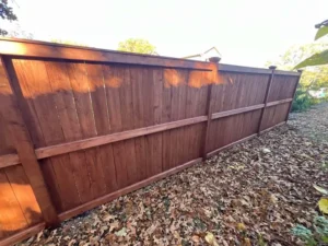 Newly stained wooden fence with a rich mahogany finish, showcasing a professional fence staining service.
