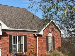 A side view of a red brick house with a brown shingle roof and white gutters. The house has two windows with black shutters, one of which is arched. Metal flower decorations hang on the brick wall below one of the windows. The branches of a tree are visible in the foreground.