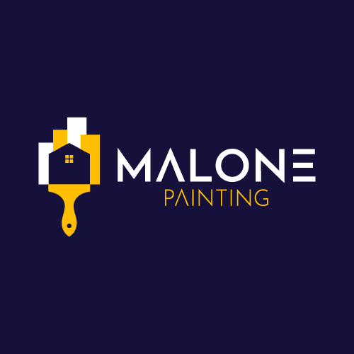 The full Malone Painting logo, consisting of a yellow paintbrush with a white house icon, and the words 'MALONE PAINTING' in white and yellow text next to it