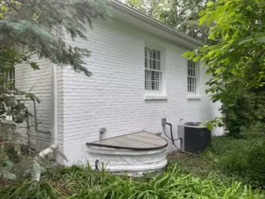 A white painted brick house with two windows on the side and a basement window well with a domed metal cover. An air conditioning unit sits next to the house, surrounded by tall grass and foliage. A downspout is visible on the left side of the house, and a green pine tree is growing near the front.