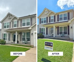 A vertical diptych showing a "Before" and "After" of a two-story suburban house. The left image ("Before") shows the house on an overcast day. The siding is a light, grayish-tan, and the shutters are a slightly darker gray. The right image ("After") shows the same house on a sunny day. The siding is now a light, creamy yellow-tan, and the shutters are a dark brown or black. The lawn is greener, and a sign for "Malone" painting is on the front lawn.