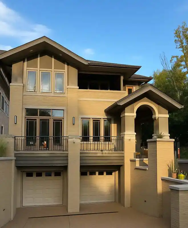 A medium-shot, low-angle view of a multi-story house with a mix of light tan brick and gray stucco siding. The house has two garage doors on the ground level. A balcony with a black metal railing runs along the second story. There is a recessed front entrance with an arched opening on the right side of the house.
