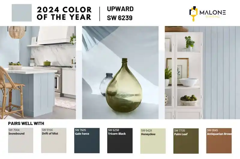 A visual guide for the 2024 Sherwin-Williams Color of the Year, "Upward" (SW 6239). The top of the image shows three examples of the light blue color in use: a kitchen island, a glass vase, and a wall. The bottom of the image features a color palette of complementary shades, including Snowbound, Drift of Mist, Gale Force, Tricorn Black, Honeydew, Palm Leaf, and Antiquarian Brown.
