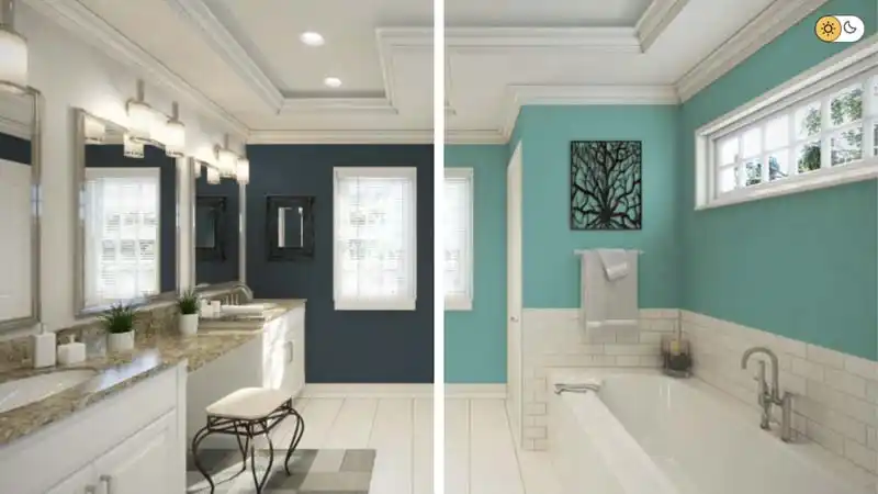 A before-and-after image of a bathroom. The left side shows a bathroom with dark blue walls, a white double vanity with a marble countertop, and two mirrors. The right side shows the same bathroom with the walls painted a vibrant turquoise color, a white bathtub, and a dark metal tree wall decoration.