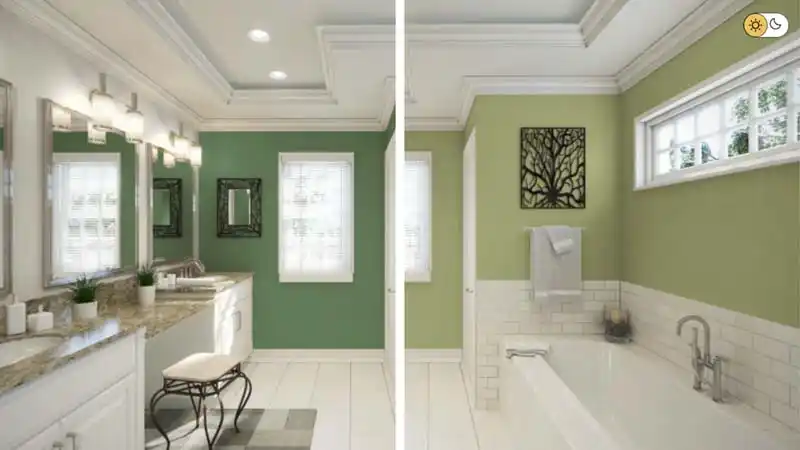 A before-and-after image of a bathroom. The left side shows a bathroom with vibrant green walls, a double vanity with a marble countertop, and a vanity stool. The right side shows the same bathroom with the walls painted a muted, light green, a white bathtub, and a towel rack with a towel.
