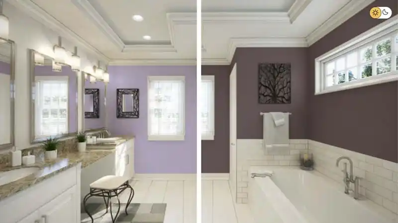 A before-and-after image of a bathroom renovation. The left side shows a double vanity with a lilac-colored wall above a tile wainscoting. The right side shows the same bathroom with the walls painted a deep brown-purple color. The brown-purple wall has a framed art piece and a towel rack with a white towel.