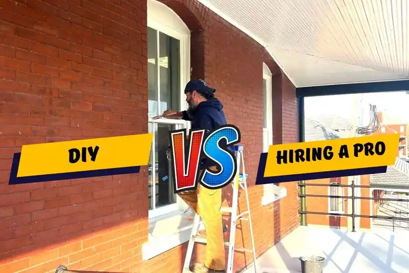 A person on a ladder paints a white window frame on a red brick house. Yellow and blue text overlays read "DIY vs HIRING A PRO."