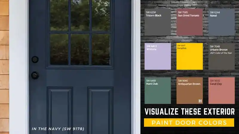 A collage showing a close-up of a navy blue front door with a window and a grid of eight Sherwin-Williams paint swatches. The swatches, which are suggestions for exterior door colors, include Tricorn Black, Sun Dried Tomato, Naval, Wistful, Forsythia, Urbane Bronze, Hunt Club, Antiquarian Brown, and Coral Clay.