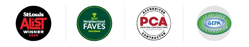 A horizontal banner displaying four trust badges for a business. The badges are for: a 5-Star Google customer rating, a "2024 Neighborhood Faves" award from Nextdoor, an "Accredited Painting Contractors Association (PCA) Contractor" seal, and a "Lead-Safe EPA Certified Firm" seal
