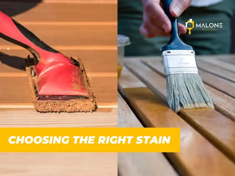 A graphic with the words "CHOOSING THE RIGHT STAIN" in yellow text at the bottom. The left side shows a person using a thick brush to apply a brown-red stain to a deck. The right side shows a person using a smaller brush to apply a brown stain to a wooden surface. The Malone Painting logo is in the top right corner.