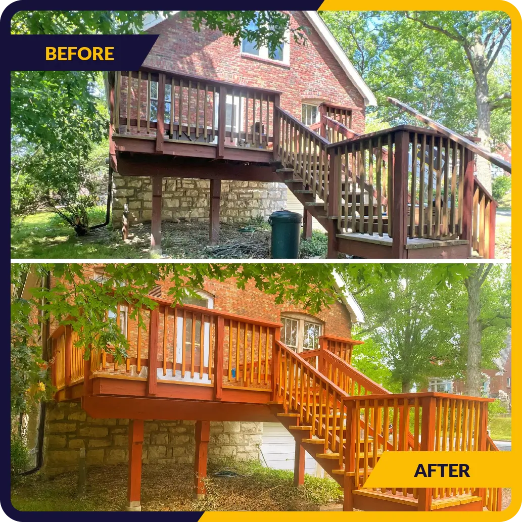 Before and after photos of a home's wooden deck and stairs. The 'before' photo shows the deck faded and weathered, while the 'after' photo shows it freshly stained in a reddish-brown color