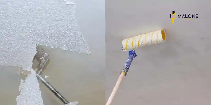 A two-part image showing before and after a ceiling renovation. The left side shows a person scraping off a textured popcorn ceiling. The right side shows a paint roller being used to apply fresh paint to the now-smooth ceiling. The Malone Painting logo is in the top right corner.