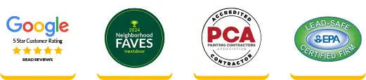 A graphic displaying four certification badges for Malone Painting: a Google 5-star customer rating, a 2024 Neighborhood Faves award from Nextdoor, an Accredited Contractor certification from the Painting Contractors Association (PCA), and an EPA Lead-Safe Certified Firm badge
