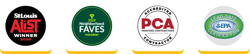 A graphic displaying four certification badges for Malone Painting: a Google 5-star customer rating, a 2024 Neighborhood Faves award from Nextdoor, an Accredited Contractor certification from the Painting Contractors Association (PCA), and an EPA Lead-Safe Certified Firm badge