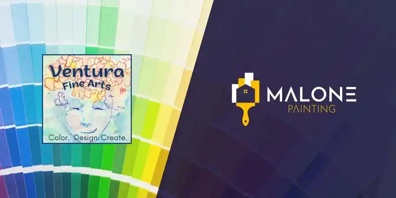 A graphic with a left side featuring a colorful paint swatch fan and a logo for "Ventura Fine Arts" with a watercolor illustration. The right side has a solid dark blue background with a white and yellow logo for "Malone Painting" that includes a paint roller and a house icon.