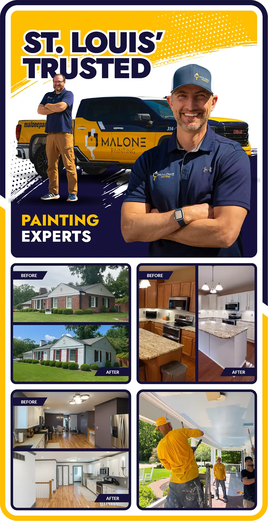 A vertical graphic advertisement for Malone Painting - offering residential painting in St. Louis, featuring a large portrait of Mike Malone in a navy shirt and baseball cap, arms crossed and smiling. Behind him, on the left side, is a smaller image of a team member named Adam standing next to a yellow Malone Painting truck. The top section of the ad has text that reads "St. Louis' Trusted Painting Experts." The bottom half of the ad features four panels of images: a before-and-after of a house exterior, a before-and-after of a kitchen, a before-and-after of another kitchen/living space, and a photo of two painters working on a ceiling of a porch