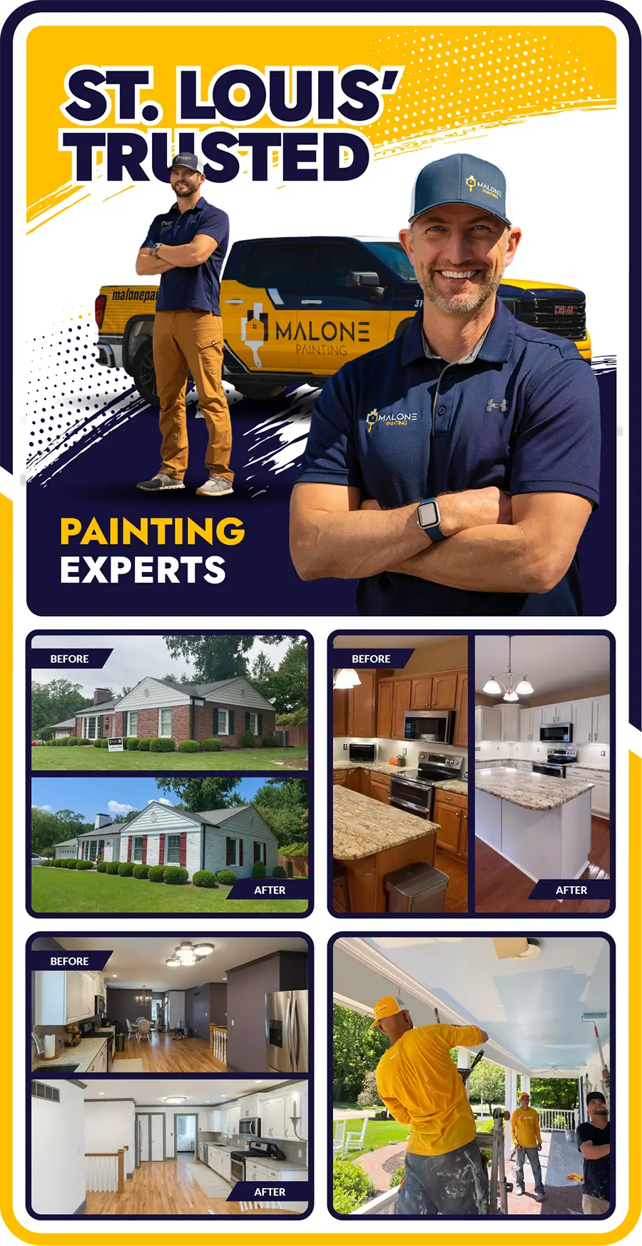 A vertical graphic advertisement for Malone Painting - offering residential painting in St. Louis, featuring a large portrait of Mike Malone in a navy shirt and baseball cap, arms crossed and smiling. Behind him, on the left side, is a smaller image of a team member named Adam standing next to a yellow Malone Painting truck. The top section of the ad has text that reads "St. Louis' Trusted Painting Experts." The bottom half of the ad features four panels of images: a before-and-after of a house exterior, a before-and-after of a kitchen, a before-and-after of another kitchen/living space, and a photo of two painters working on a ceiling of a porch