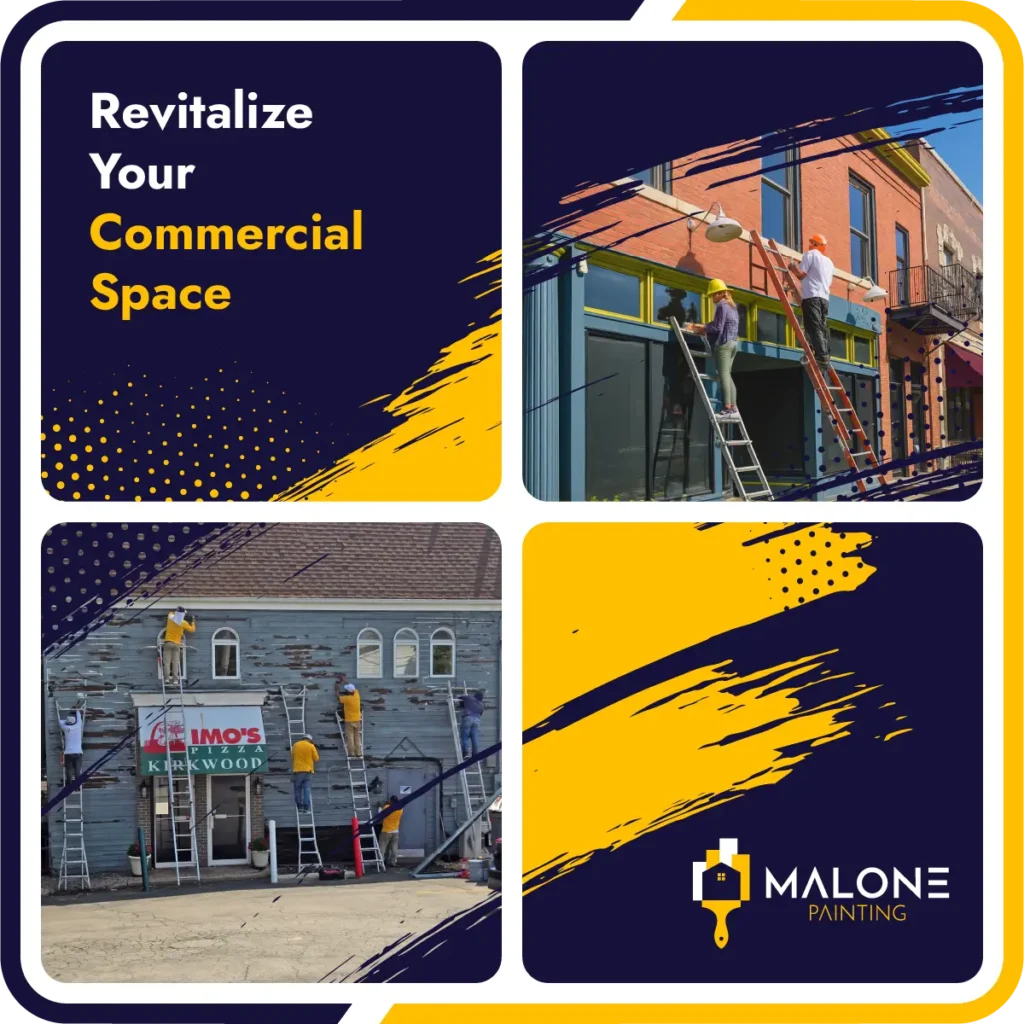 A promotional graphic for Malone Painting's commercial painting in St. Louis services, showing painters on ladders working on two different commercial buildings. The text reads 'Revitalize Your Commercial Space'