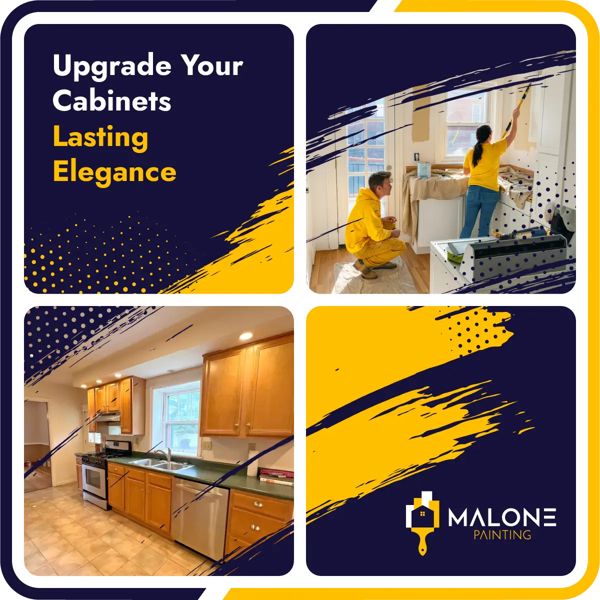 Promotional graphic for Malone Painting's cabinet painting in St Louis services, showing painters working on kitchen cabinets and a finished kitchen, advertising 'Upgrade Your Cabinets, Lasting Elegance'