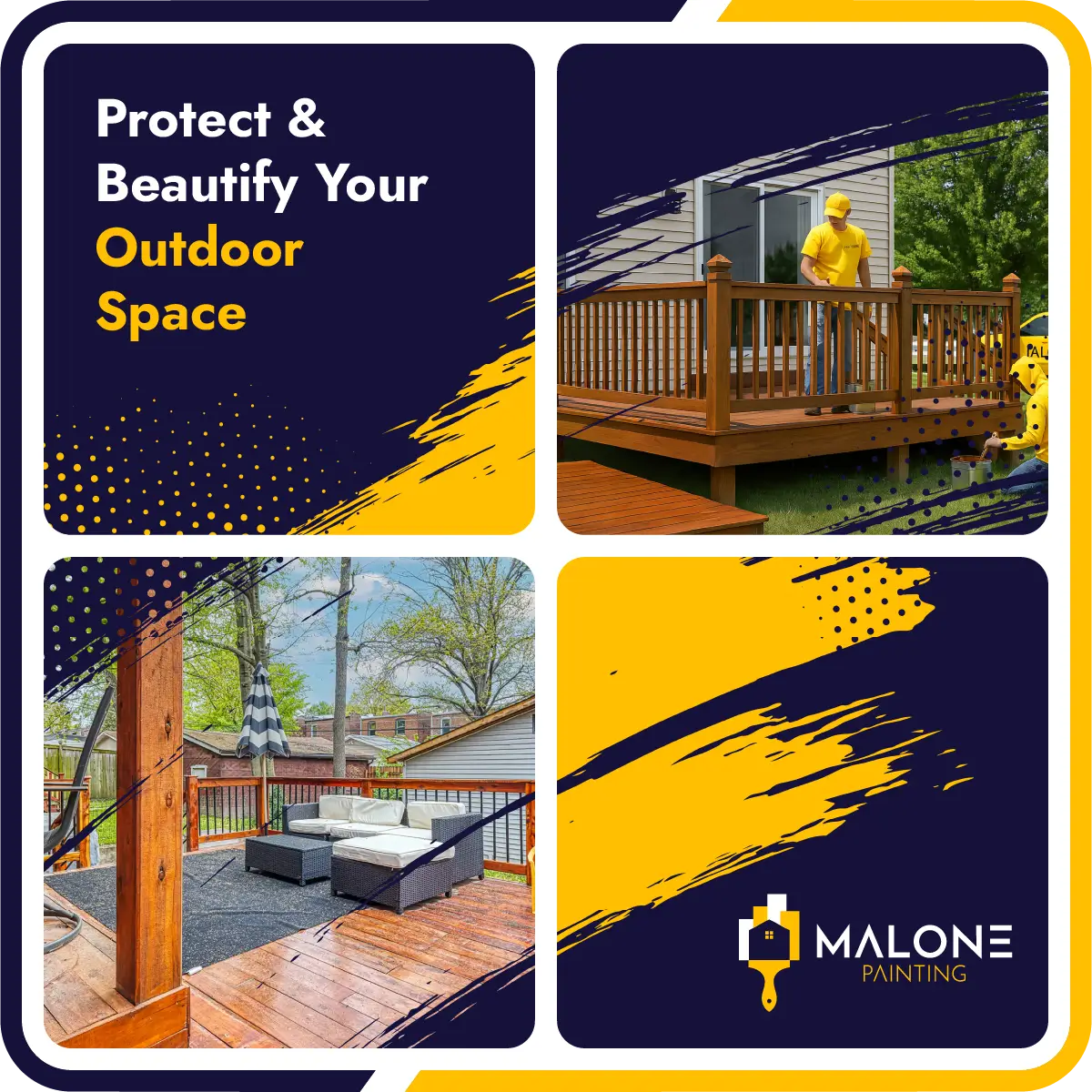 Promotional graphic for Malone Painting, which offers services for Professional Deck Staining in St. Louis, showing a painter staining an outdoor deck and a finished deck with furniture, advertising to 'Protect and Beautify Your Outdoor Space