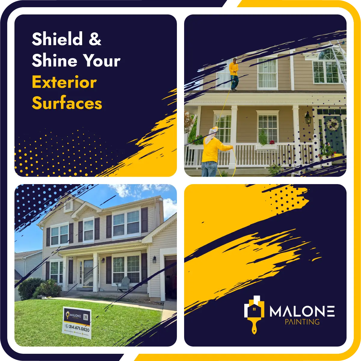 Malone Painting promotional graphic, which offers Professional Exterior Painting in St. Louis, featuring painters working on a home's exterior and a finished house with a company sign, advertising 'Shield and Shine Your Exterior Surfaces'