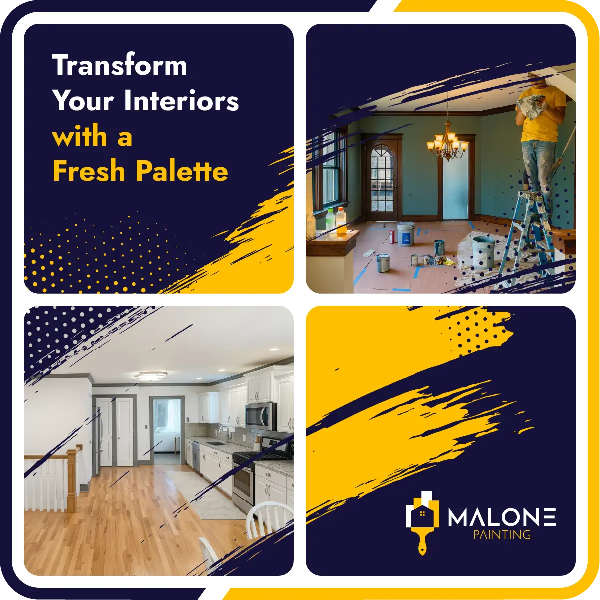 Malone Painting promotional graphic, which offers Professional Interior Painting in St Louis, showing a painter working on an interior wall and a newly painted room, advertising to 'Transform Your Interiors with a Fresh Palette'